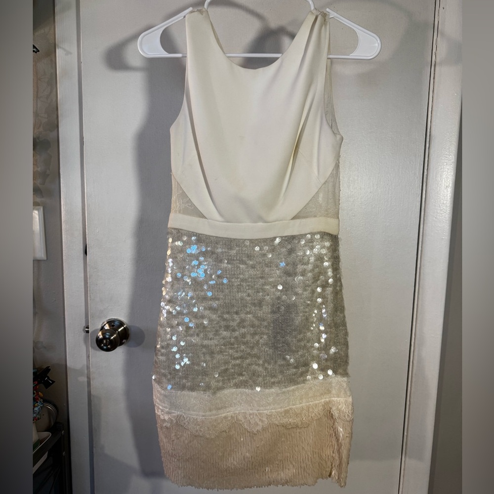 BCBGMaxAzria Cream and Silver Sequin Backless Dress